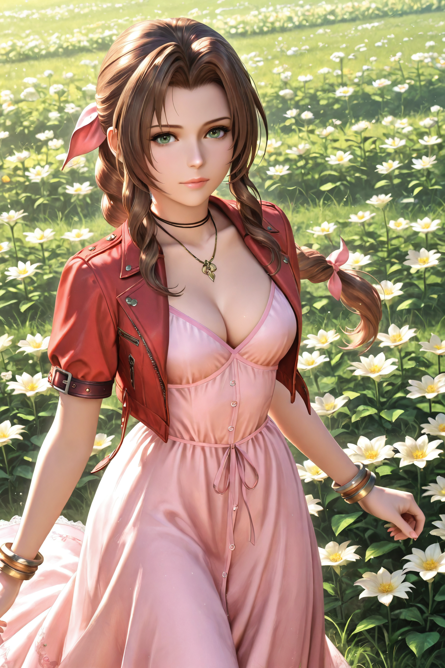 42578-356830527-1girl,solo,aerith gainsborough,breasts,brown hair,green eyes,dress,cropped jacket,pink dress,cleavage,flower,long hair,looking a.png